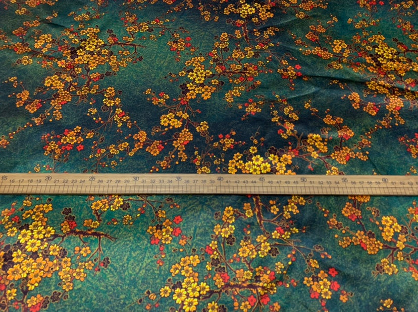 YEMEIF - 19 Momme Yellow Plum Blossom Pattern Digital Print Stretch Silk Satin Fabric - 108cm wide by the Yard