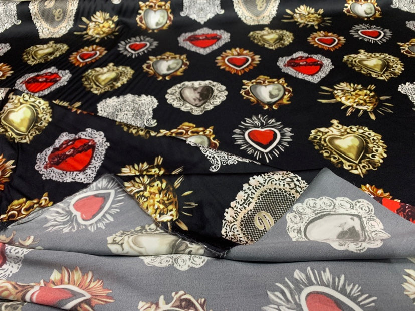 YIDALI - 19 Momme Crown Love Gemstone Pattern Digital Print Stretch Silk Satin Fabric - 140cm wide by the Yard