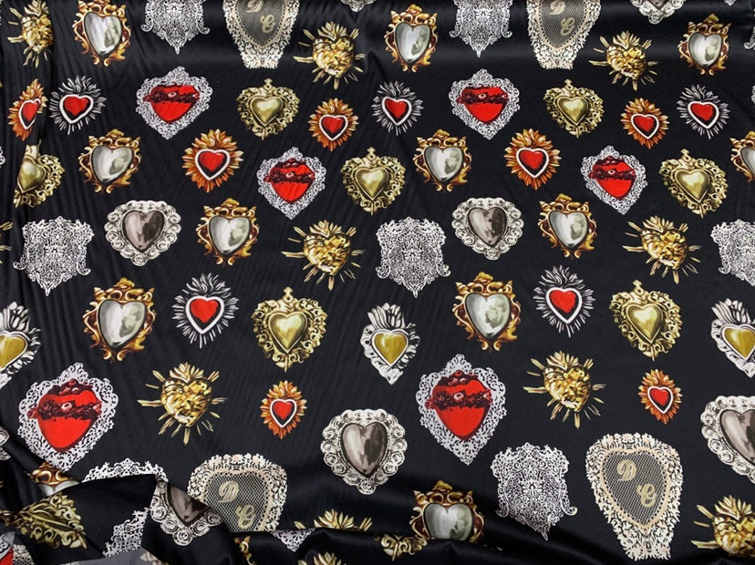 YIDALI - 19 Momme Crown Love Gemstone Pattern Digital Print Stretch Silk Satin Fabric - 140cm wide by the Yard