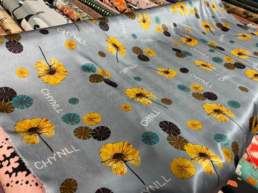 YINDIHA - 19 Momme Yellow Floral Silver Gray Background Pattern Digital Print Stretch Silk Satin Fabric - 140cm wide by the Yard