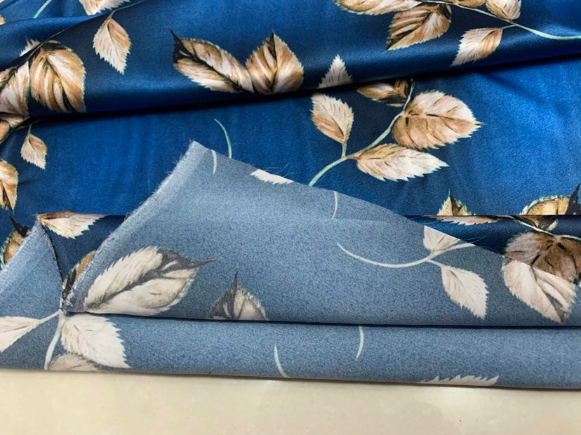 YOYANA - 19 Momme Noble and Elegant Blue Leaves Pattern Digital Print Stretch Silk Satin Fabric - 140cm wide by the Yard