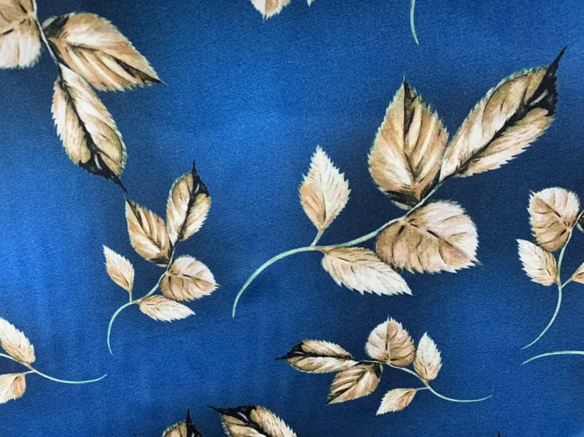 YOYANA - 19 Momme Noble and Elegant Blue Leaves Pattern Digital Print Stretch Silk Satin Fabric - 140cm wide by the Yard