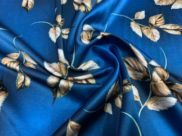 YOYANA - 19 Momme Noble and Elegant Blue Leaves Pattern Digital Print Stretch Silk Satin Fabric - 140cm wide by the Yard