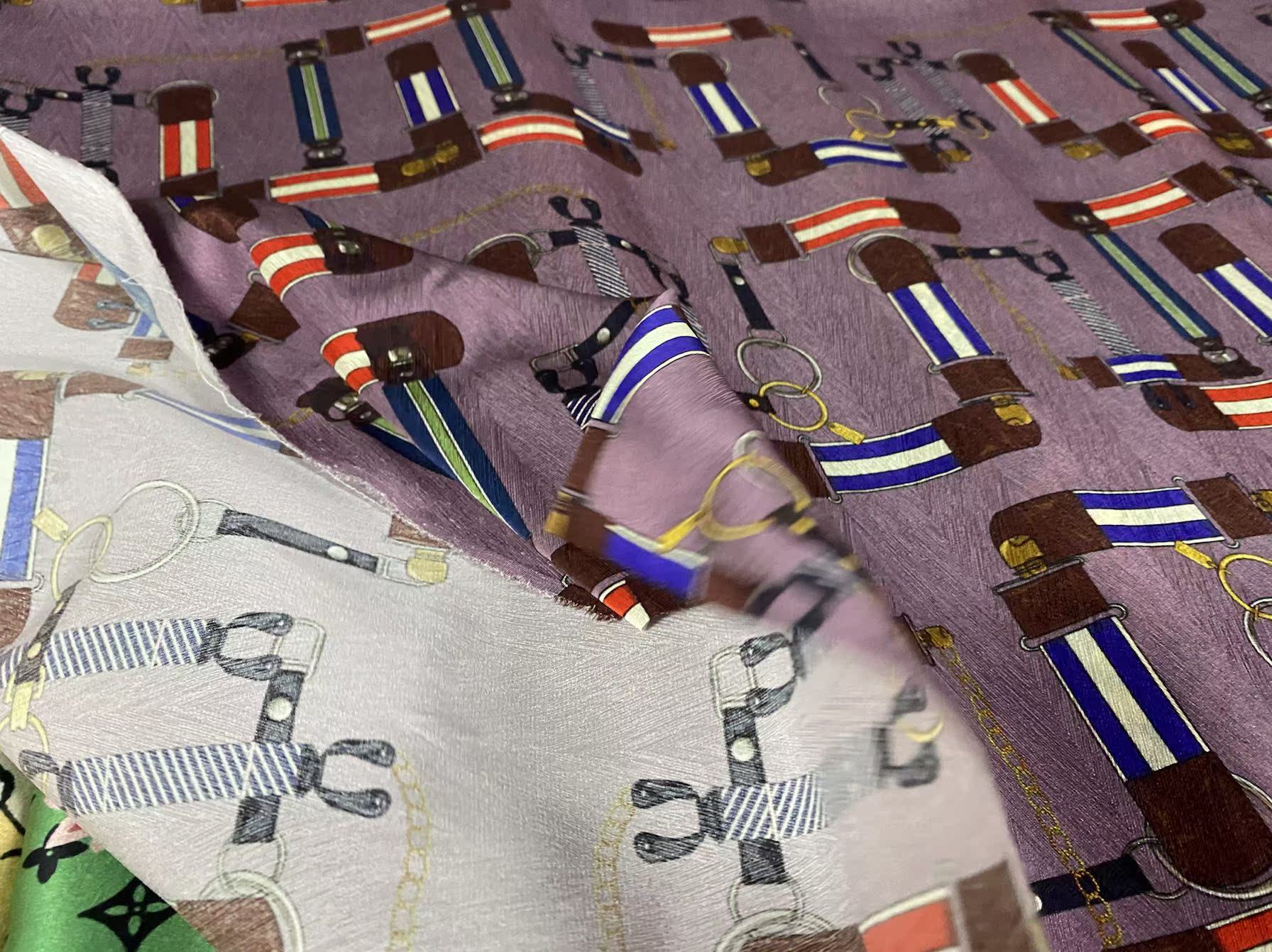 ZPIKOU - 22 Momme Purple Leather Buckle Pattern Digital Print Sangbo Stretch Silk Satin Fabric - 108cm wide by the Yard