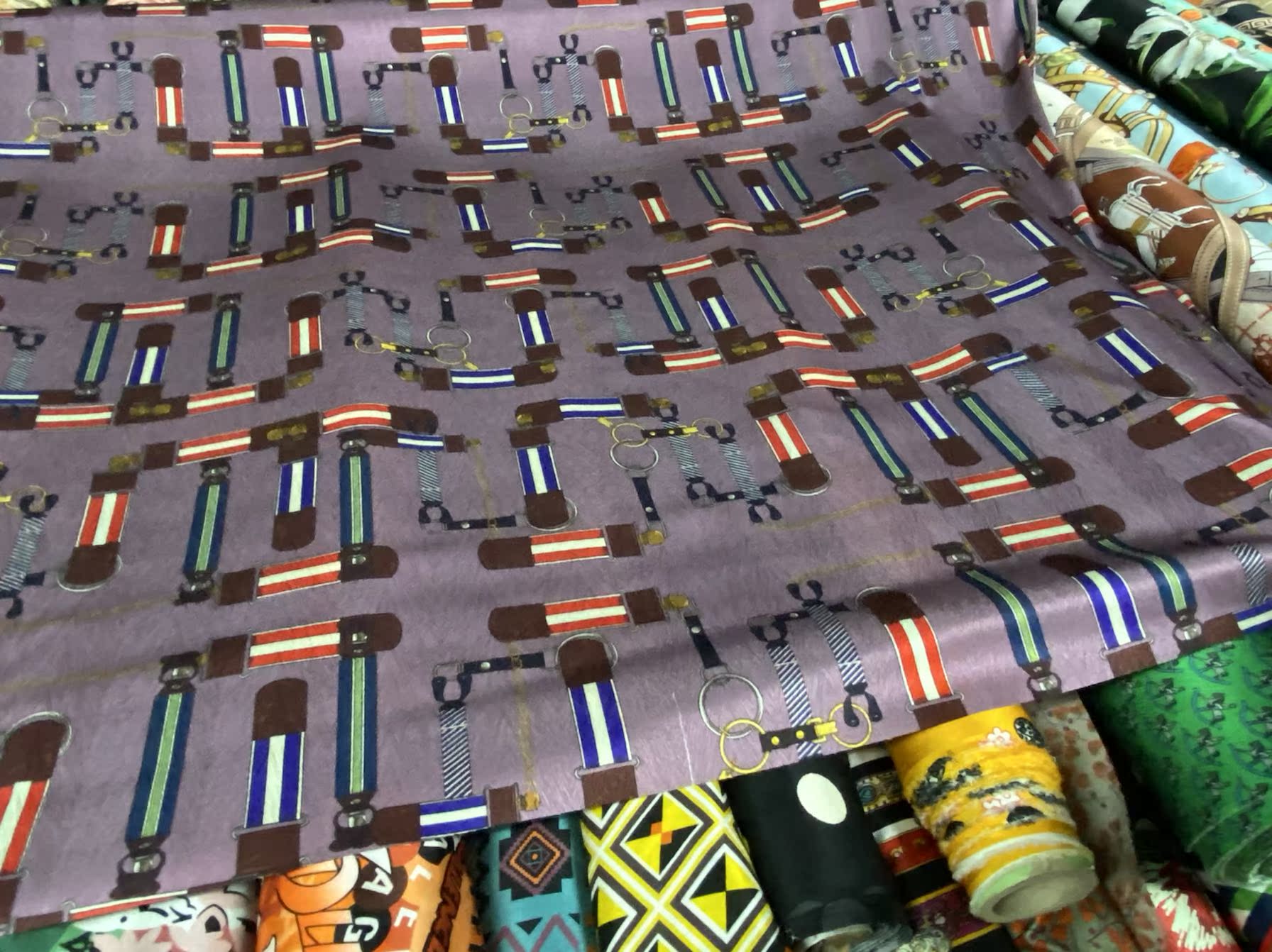 ZPIKOU - 22 Momme Purple Leather Buckle Pattern Digital Print Sangbo Stretch Silk Satin Fabric - 108cm wide by the Yard