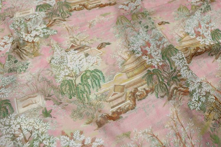 JFHGTY - 11 Momme Traditional Courtyard Pattern Silk Georgette Fabric - 140cm wide by the Yard
