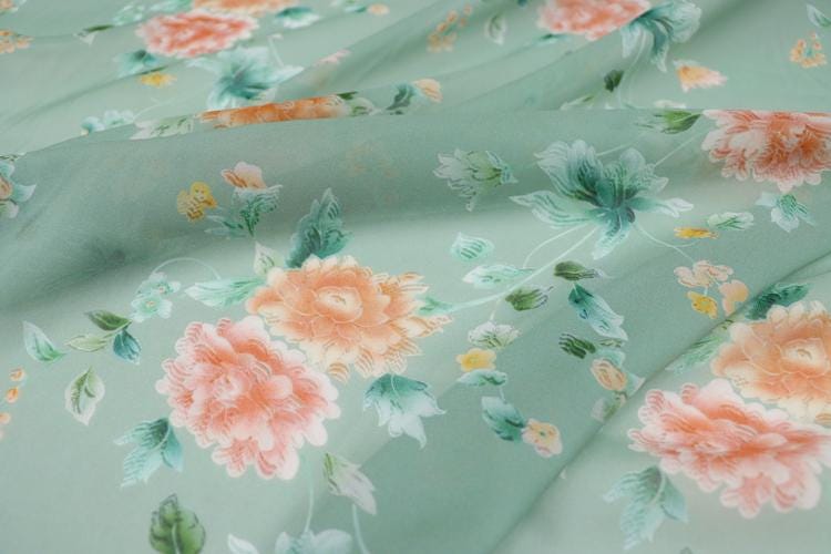 JFHLDH - 9 Momme Green-based Floral Print Silk Georgette Fabric - 137cm wide by the Yard
