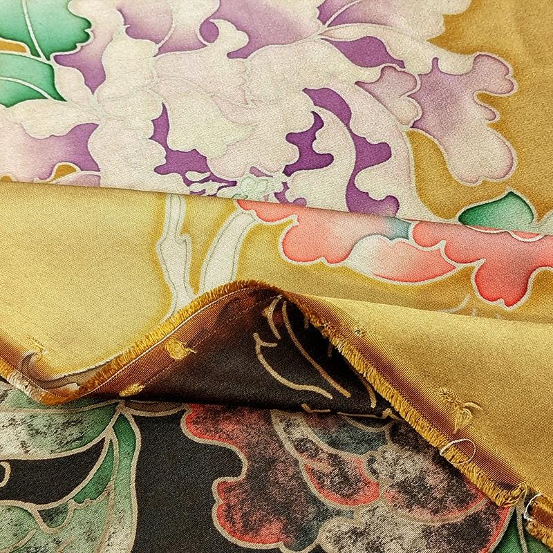 GYJDMD - Yellow Handmade 40 Momme Painted Peony Mud Silk Satin Fabric - 112cm By the Yard