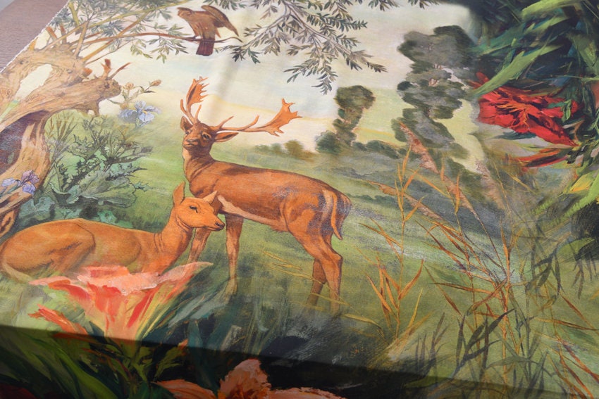 LUBAIHE - Deer and Lilies Print Silk Crepe de Chine Fabric fixed size 140cm x 118cm - 4 fixed sizes