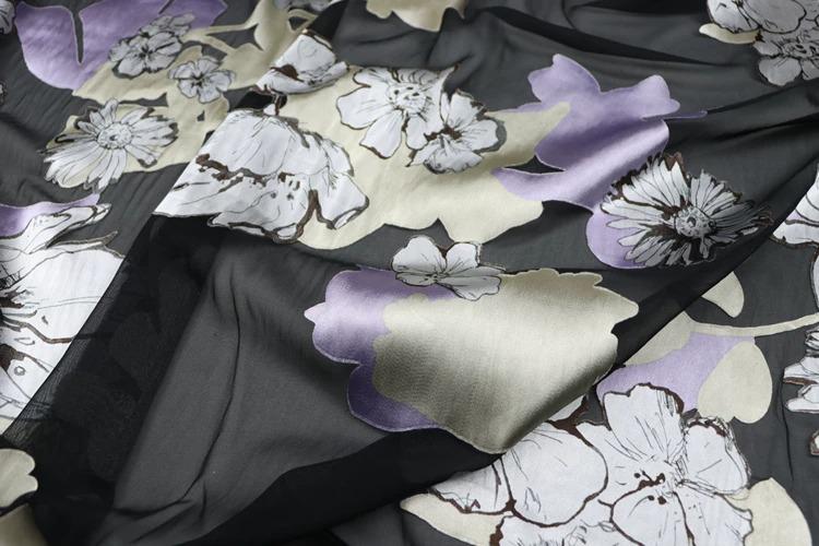 JFHHDHR - Silk Devore Satin Fabric, 16 Momme Black Burnout Big Floral , 130 cm Wide by the Yard