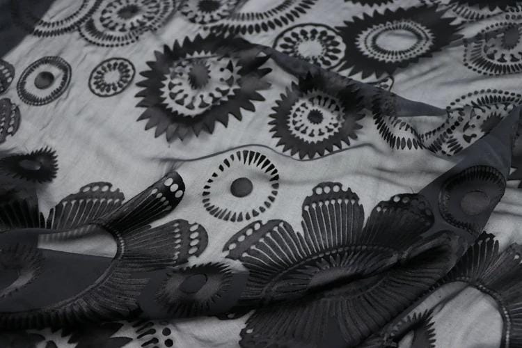 The image is a close-up view of a fabric with a black and white pattern featuring various shapes and designs, including circles, flowers, and other abstract motifs.