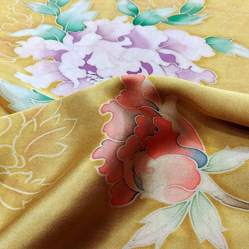 GYJDMD - Yellow Handmade 40 Momme Painted Peony Mud Silk Satin Fabric - 112cm By the Yard