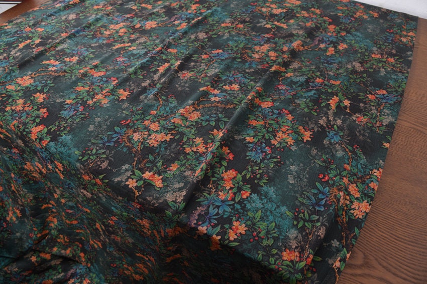Handmade Gambiered Guangdong Silk Fabric/Vintage Style Floral print/43"/20mm/for Dresses/Cheongsam/Shawls/Pillowcases/By the Yard