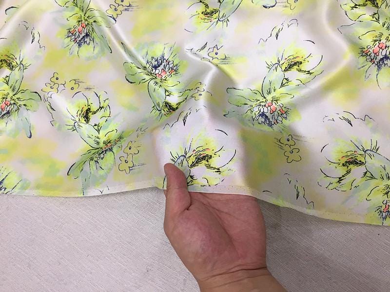 SZDSMH- 14 Momme Fluorescent Green Ink Floral Print Stretch Charmeuse Silk Satin Fabric - 114cm wide by the Yard
