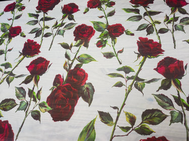 HONGMG - 10 Momme Red Rose on Light Blue Silk Chiffon Fabric - 130cm wide by the Yard