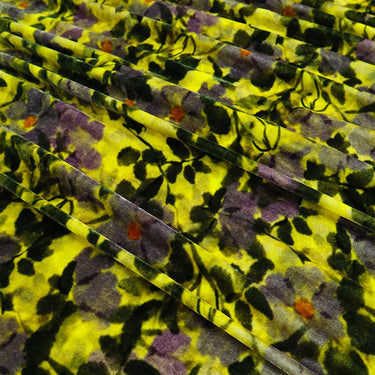 ZSRHYZ - 55 Momme Golden Yellow Background with Dark Green Floral Pattern Printed Mulberry Silk Velvet Fabric - 140cm wide by the Yard