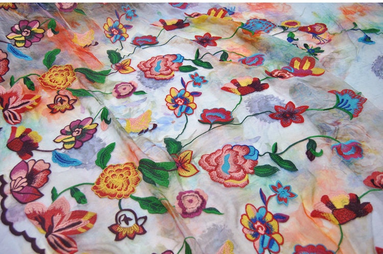 XIUAHA - Embroidered silk crinkled chiffon, multicolored flower, 53"/135cm 5.5mm, fashion silk fabric Dresses, skirts, carves, by the yard
