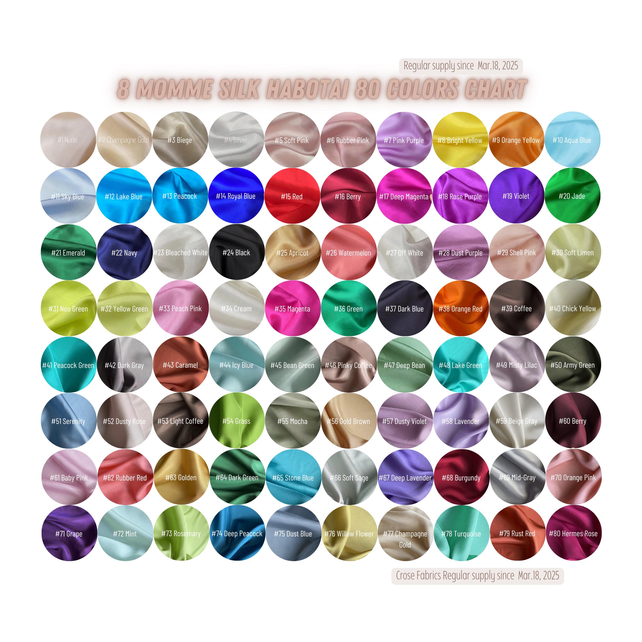 Color #1-40 - 8 Momme 80 Solid Colors Habotai Silk Fabric for Prom Dresses - 114cm wide by the Yard