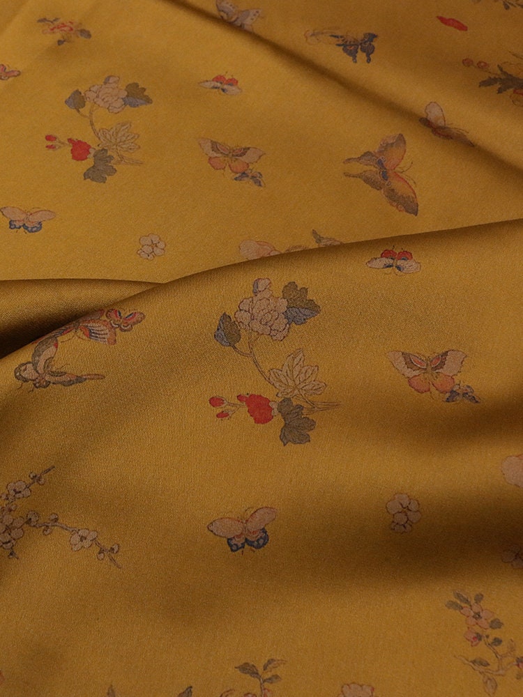 HUDH - 35 Momme Butterfly Flower Print Double-Sided Satin Mud Silk Fabric - 105cm wide by the Yard