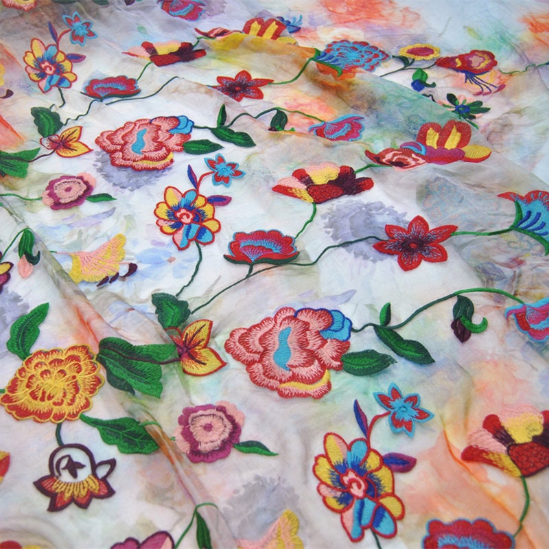 XIUAHA - Embroidered silk crinkled chiffon, multicolored flower, 53"/135cm 5.5mm, fashion silk fabric Dresses, skirts, carves, by the yard