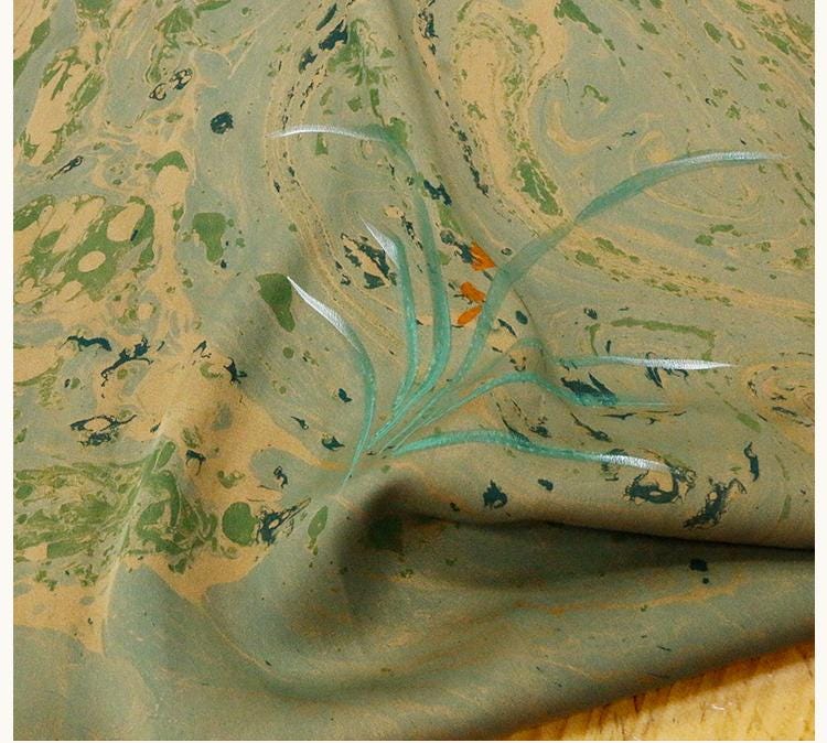 MOCILH - Handmade 38 Momme Hand Drawn Orchids Inkwell Technique Mud Silk Satin Fabric By the Yard