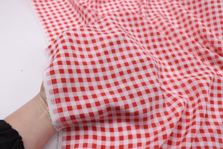 FANGEZ - 12 momme Classic Red Plaid Print Silk Crepe de Chine Fabric - 140cm wide by the Yard