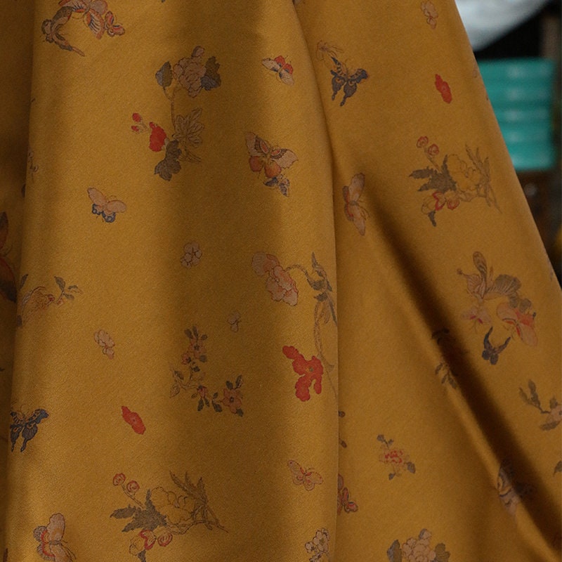 HUDH - 35 Momme Butterfly Flower Print Double-Sided Satin Mud Silk Fabric - 105cm wide by the Yard