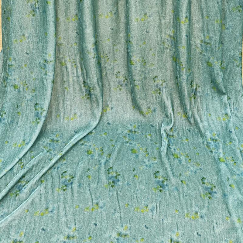 ZSRHGX - 55 Momme Lake Blue Background with Small Floral Pattern Printed Mulberry Silk Velvet Fabric - 140cm wide by the Yard
