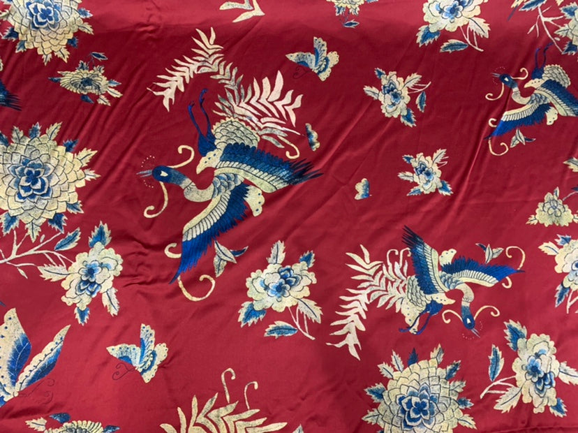 KOQHUA - 19 Momme Peacock Flowers Pattern Digital Print Stretch Silk Satin Fabric - 108cm wide by the Yard