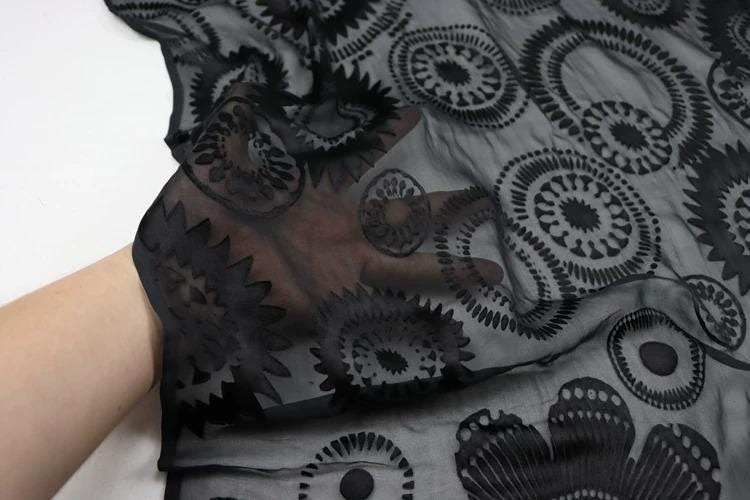 A hand is holding a black fabric with a repeating pattern of black circles and lines, creating a visually striking design.