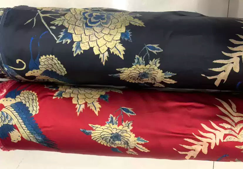 KOQHUA - 19 Momme Peacock Flowers Pattern Digital Print Stretch Silk Satin Fabric - 108cm wide by the Yard