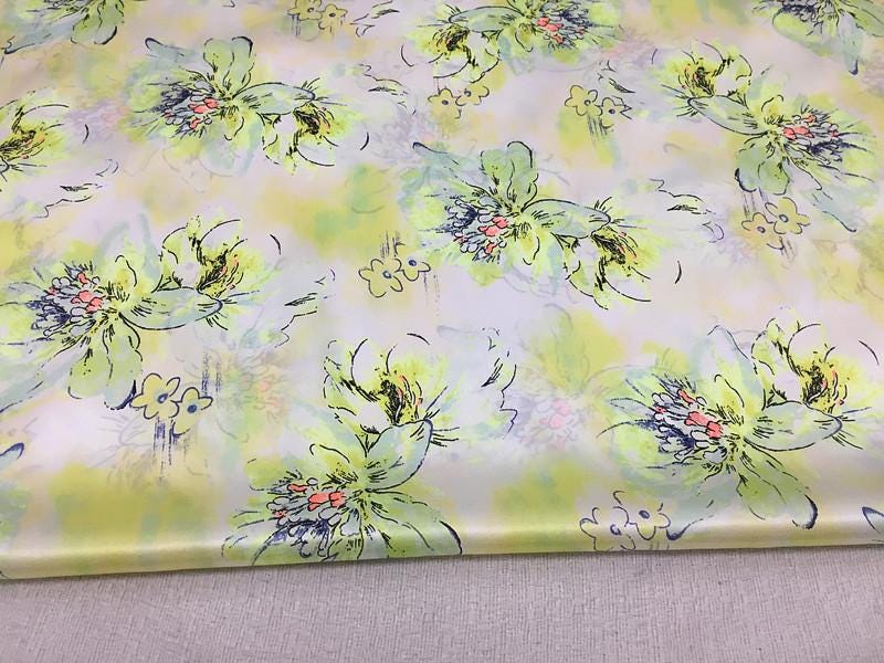 SZDSMH- 14 Momme Fluorescent Green Ink Floral Print Stretch Charmeuse Silk Satin Fabric - 114cm wide by the Yard
