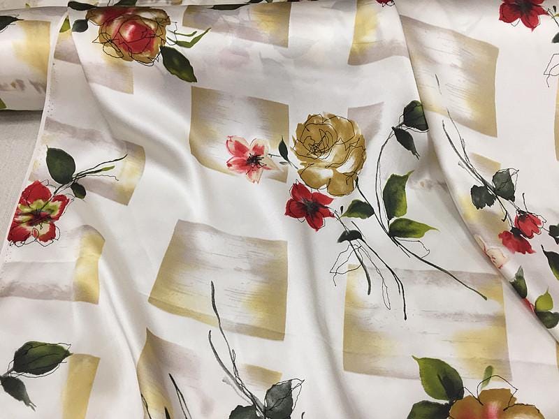 SZDGEZ- 16 Momme Watercolor Abstract Print Stretch Charmeuse Silk Satin Fabric - 114cm wide by the Yard