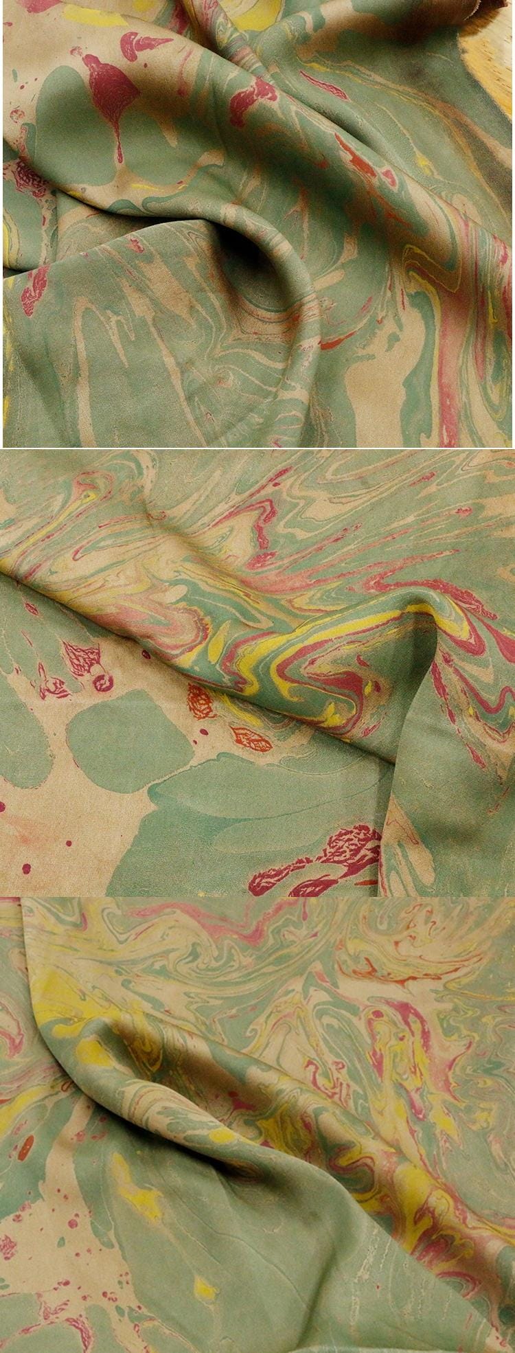 MOCIFL - Handmade 38 Momme Special Green Inkwell Technique Mud Silk Satin Fabric By the Yard