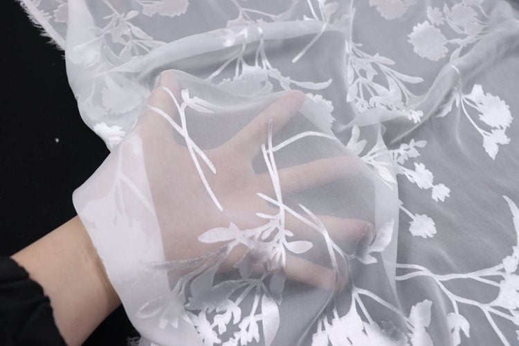 XLUZHI - 10 Momme White Flowers Sheer Burnout Silk Devore Satin Fabric - 140cm wide by the Yard