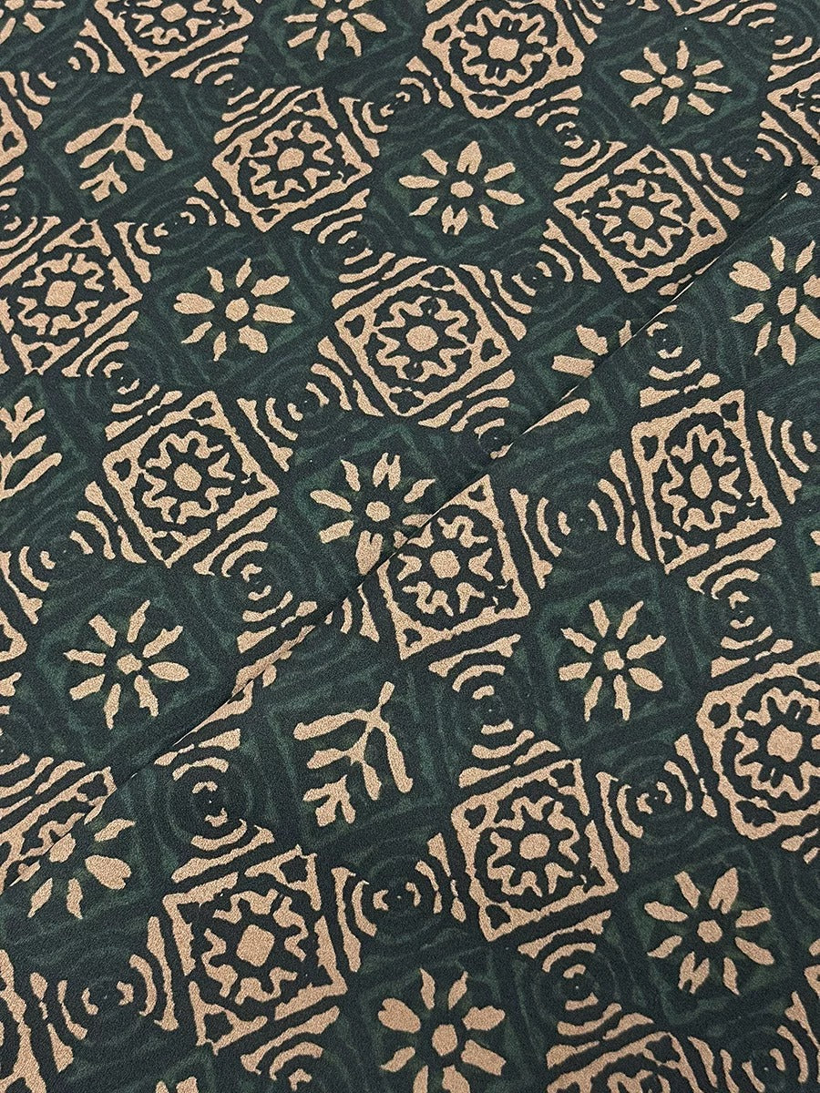 a close-up view of a fabric with a repeating pattern of floral designs in shades of green and beige. The pattern consists of various shapes and sizes of flowers and leaves, creating a visually striking and intricate design. The fabric appears to be a textile, possibly used for clothing or home decor.