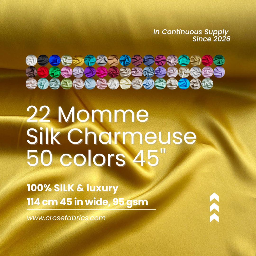 100% Silk Charmeuse, 22 Momme solid 50 colors, 114cm wide by the yard