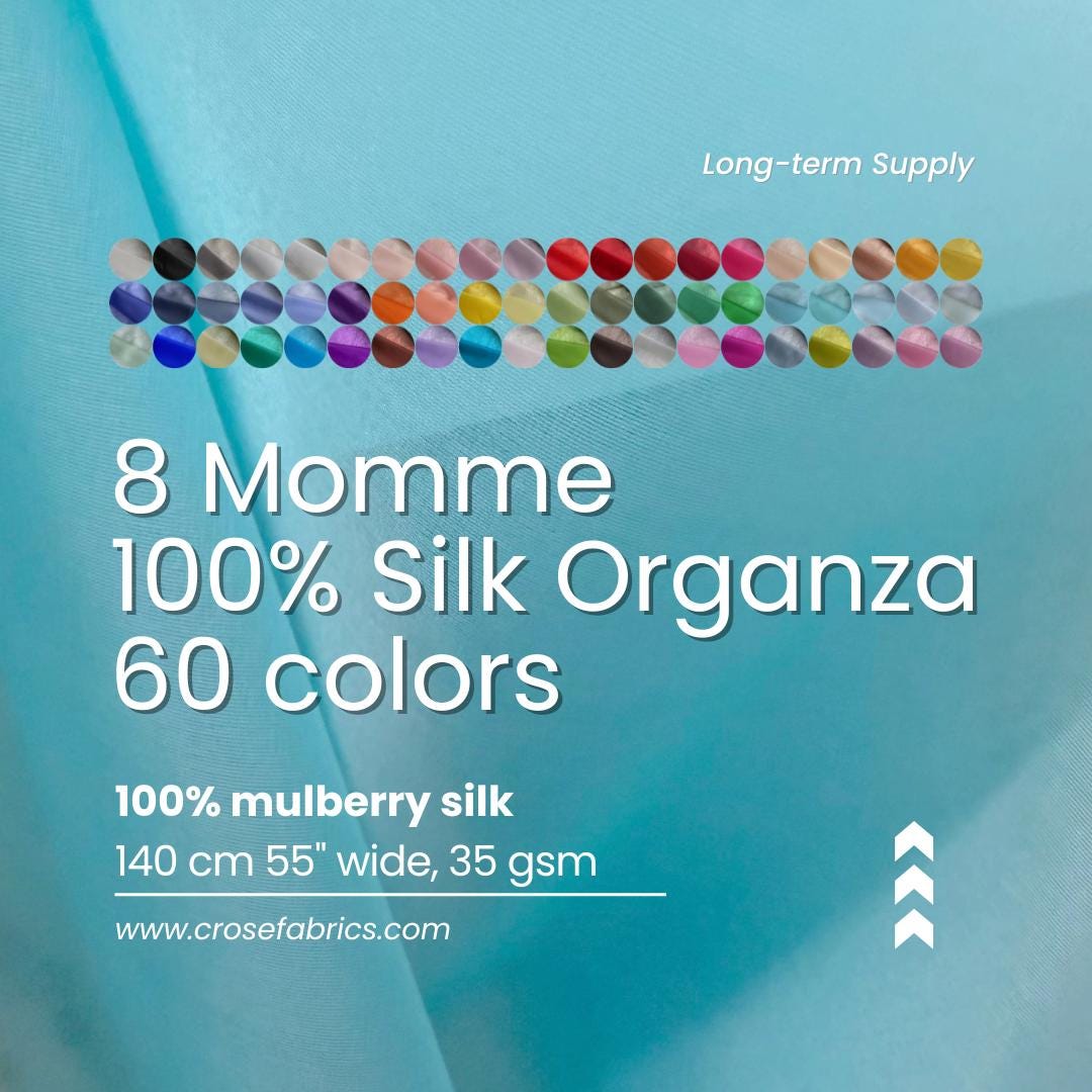 100% Silk Organza, 8 Momme 60 Solid Colors Silk Fabric, 140cm wide by the Yard or Meter