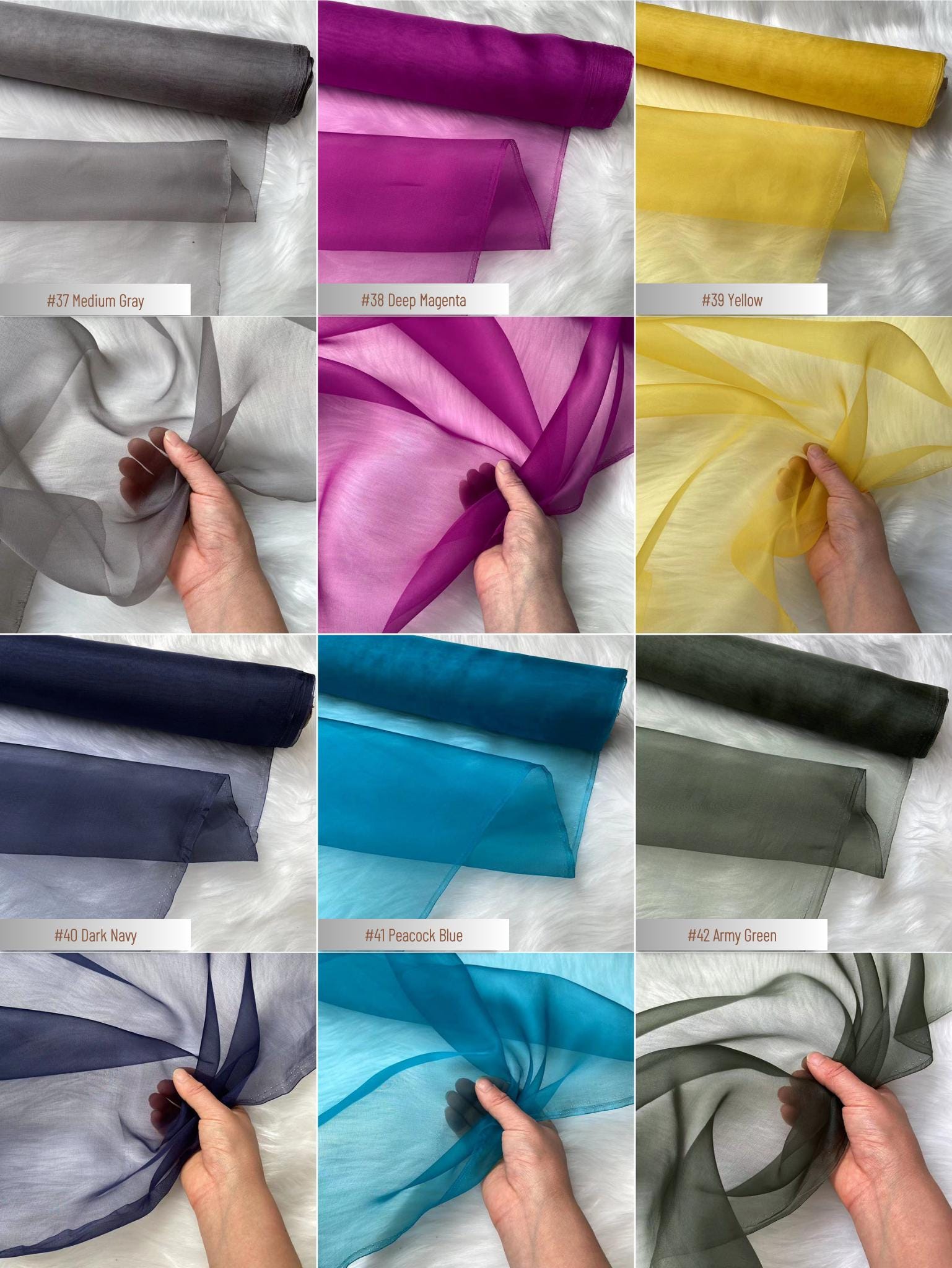100% Silk Organza, 6 Momme 60 Solid Colors Silk Fabric, 140cm wide by the Yard or Meter