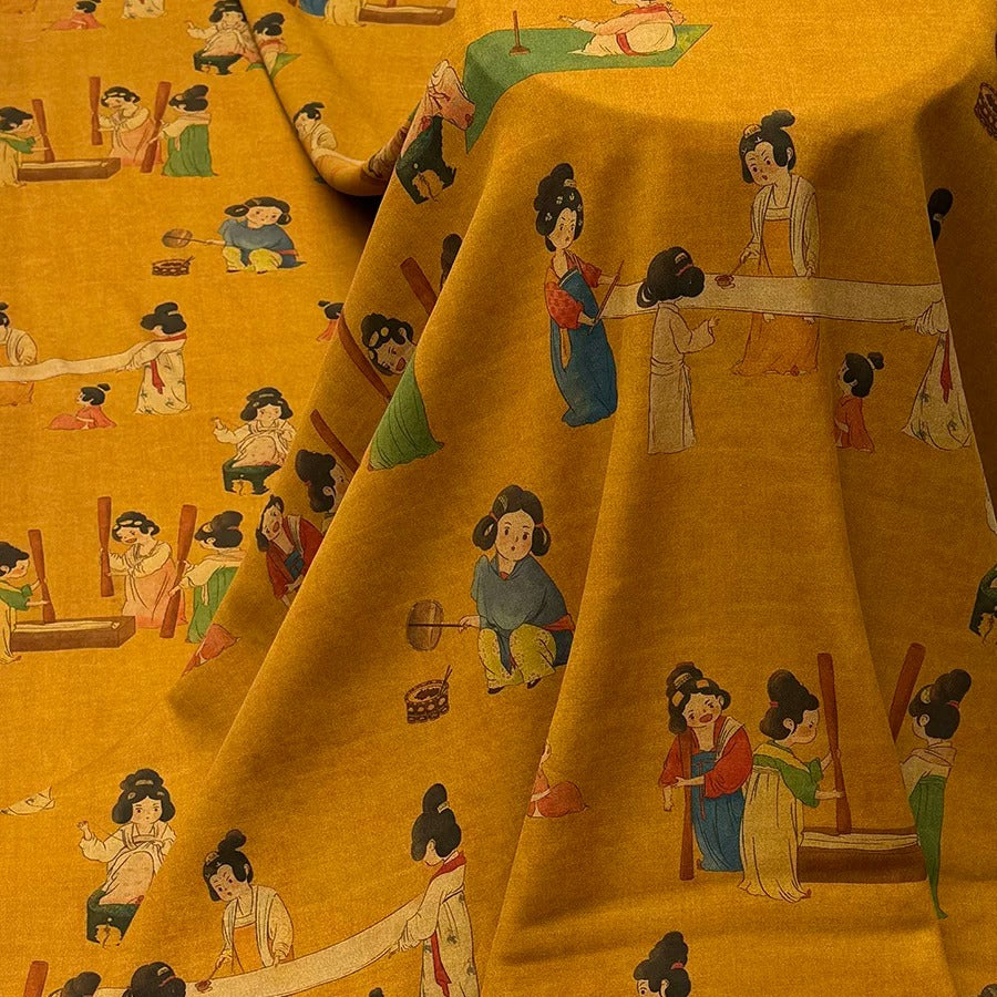 The image is a vibrant and colorful fabric with a repeating pattern of various cartoon-style illustrations of people, including both men and women, in different poses and activities. The illustrations are rendered in a variety of colors, creating a lively and dynamic visual effect.