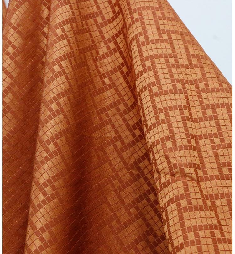 SIMOJT - 25 Momme Caramel Color Checkered Jacquard Mulberry Silk Wool Blend Silk Fabric - 138cm wide by the Yard