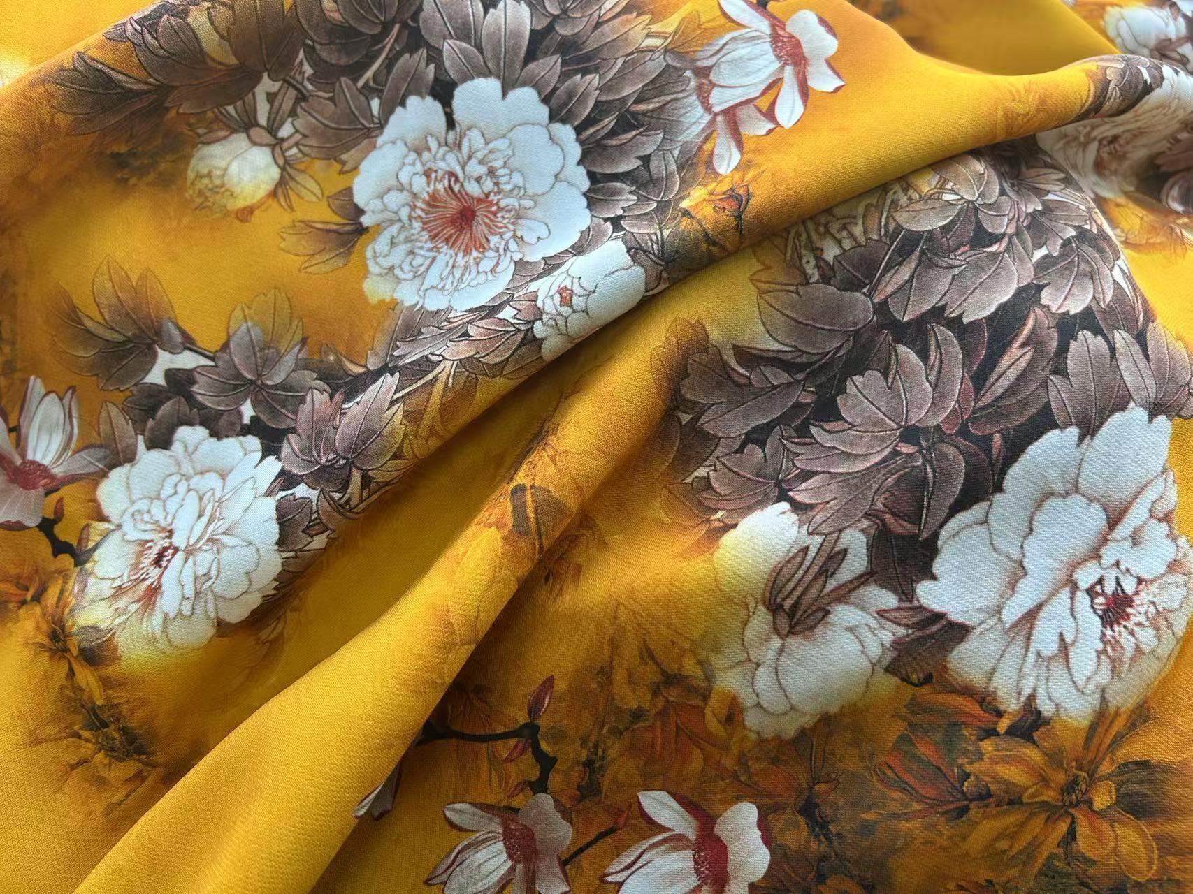 LHMUDSS - 38 Momme Both-sides-printing Peony Heave Georgette Silk Fabric - 138cm by the yard