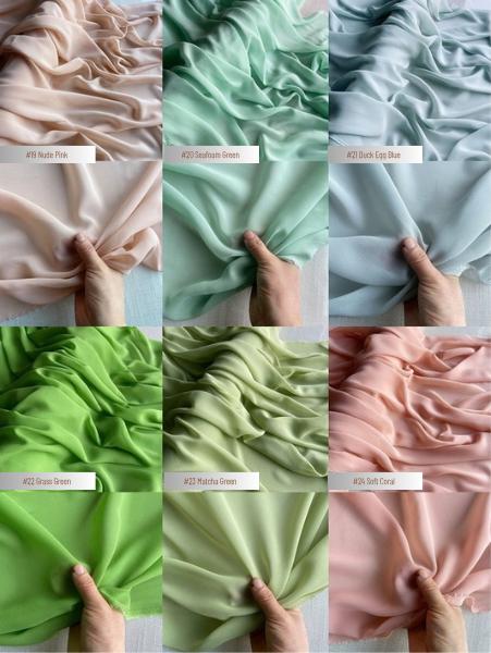 12 momme 100% mulberry silk georgette - color chart 19-24, with drape and transparency views