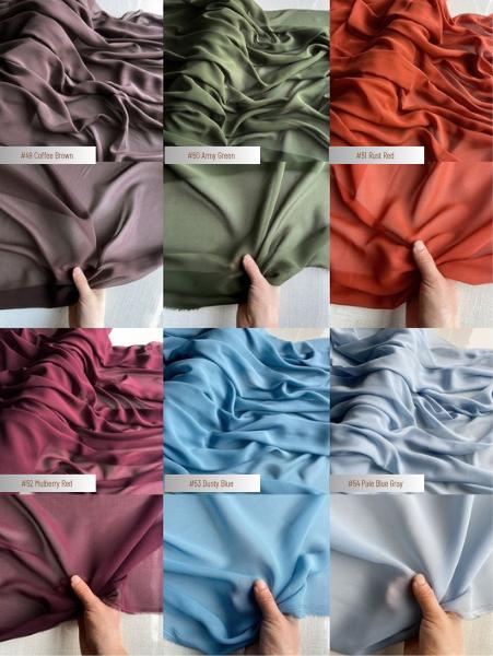 12 momme 100% mulberry silk georgette - color chart 49-54, with drape and transparency views