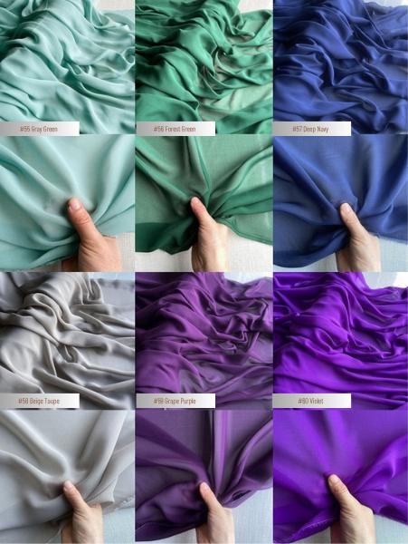 12 momme 100% mulberry silk georgette - color chart 55-60, with drape and transparency views