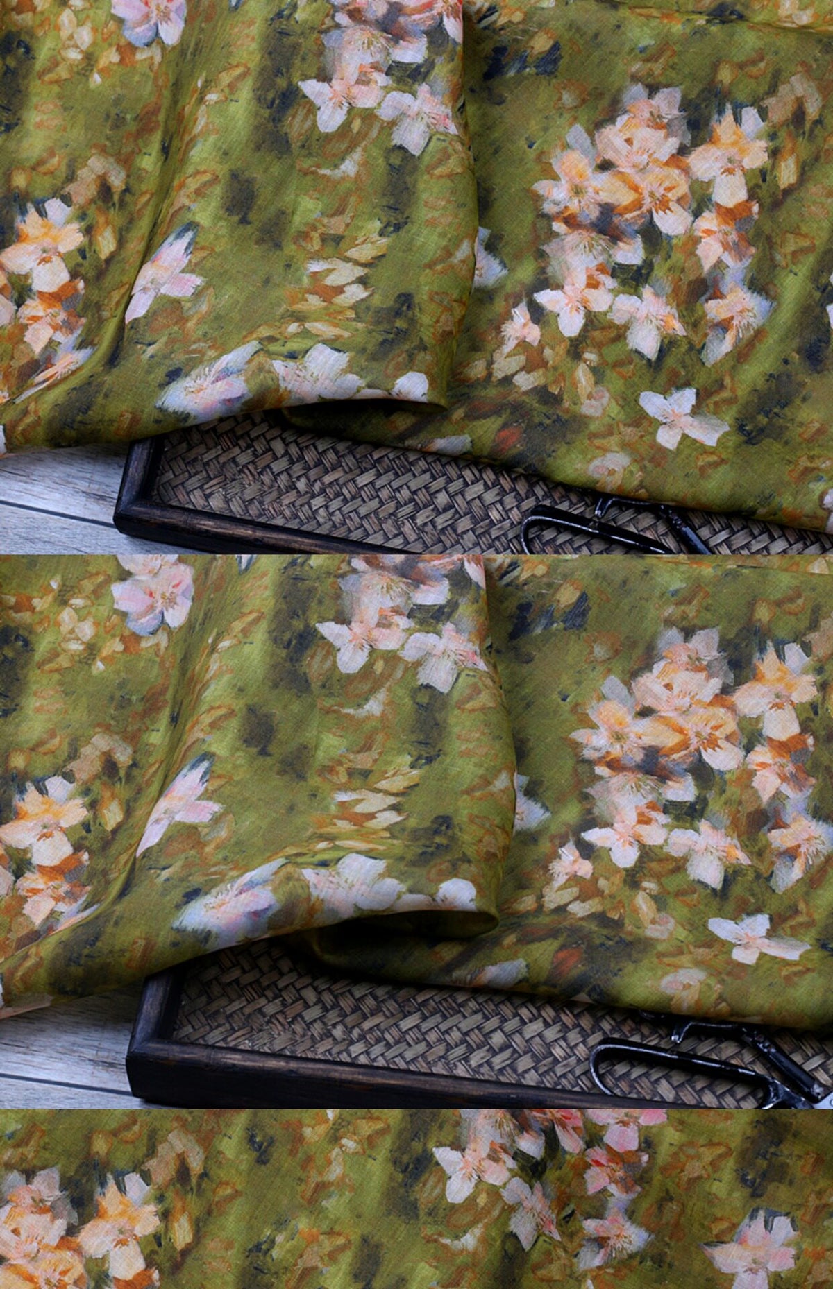 Olive Painted Blossom printed 100-count ramie fabric #Color_Olive Painted Blossom