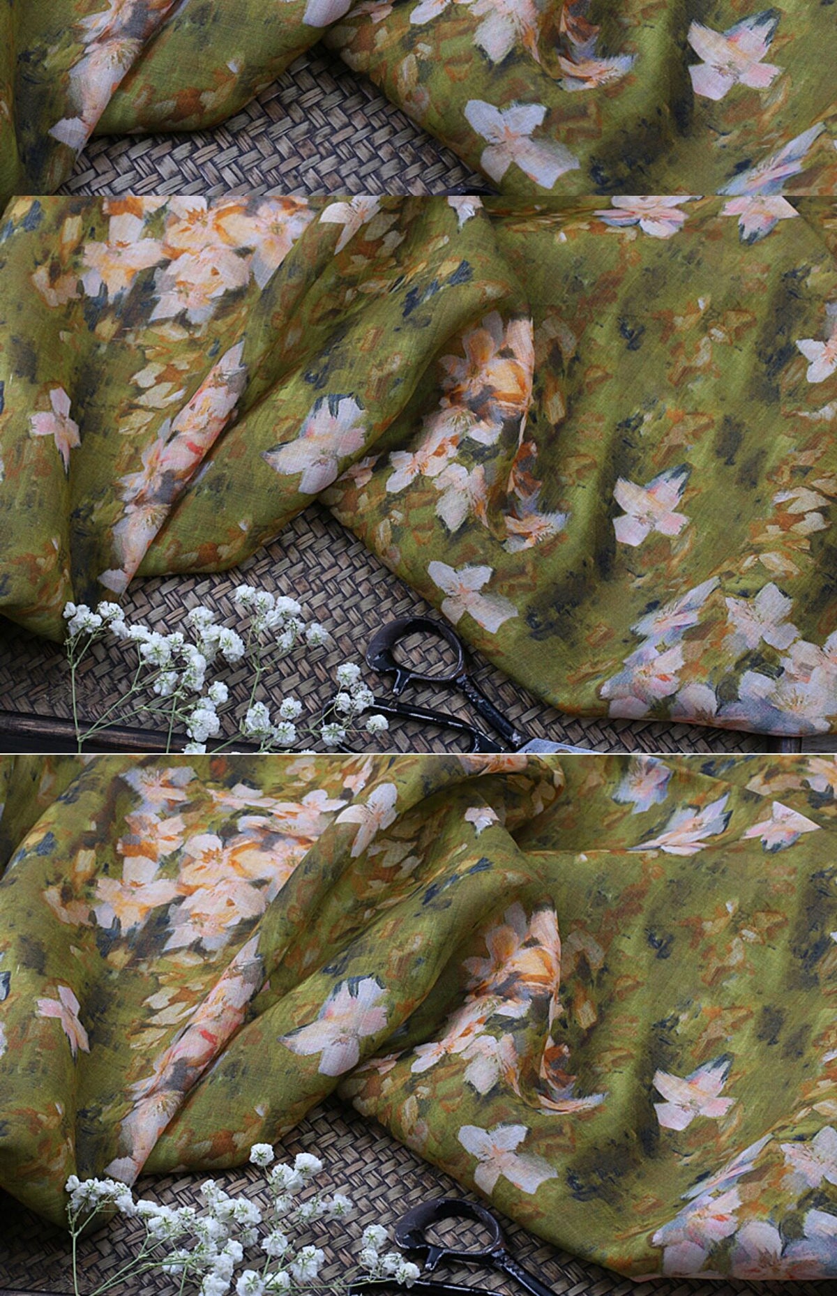 Olive Painted Blossom printed 100-count ramie fabric #Color_Olive Painted Blossom