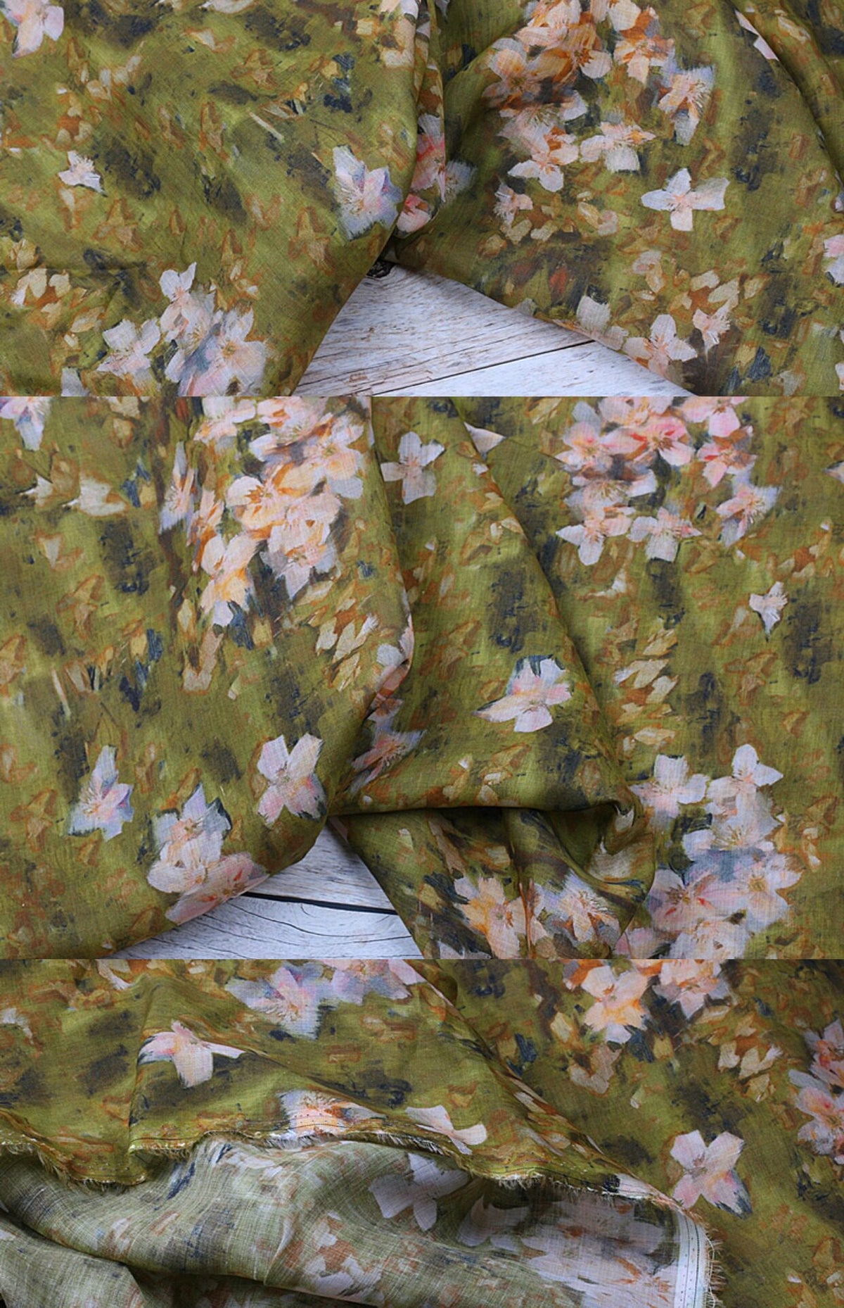 Olive Painted Blossom printed 100-count ramie fabric #Color_Olive Painted Blossom