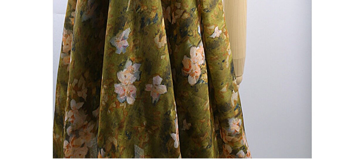 Olive Painted Blossom printed 100-count ramie fabric #Color_Olive Painted Blossom