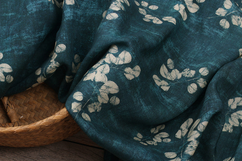 Teal Leaves printed 42-count ramie fabric #Color_Teal Leaves